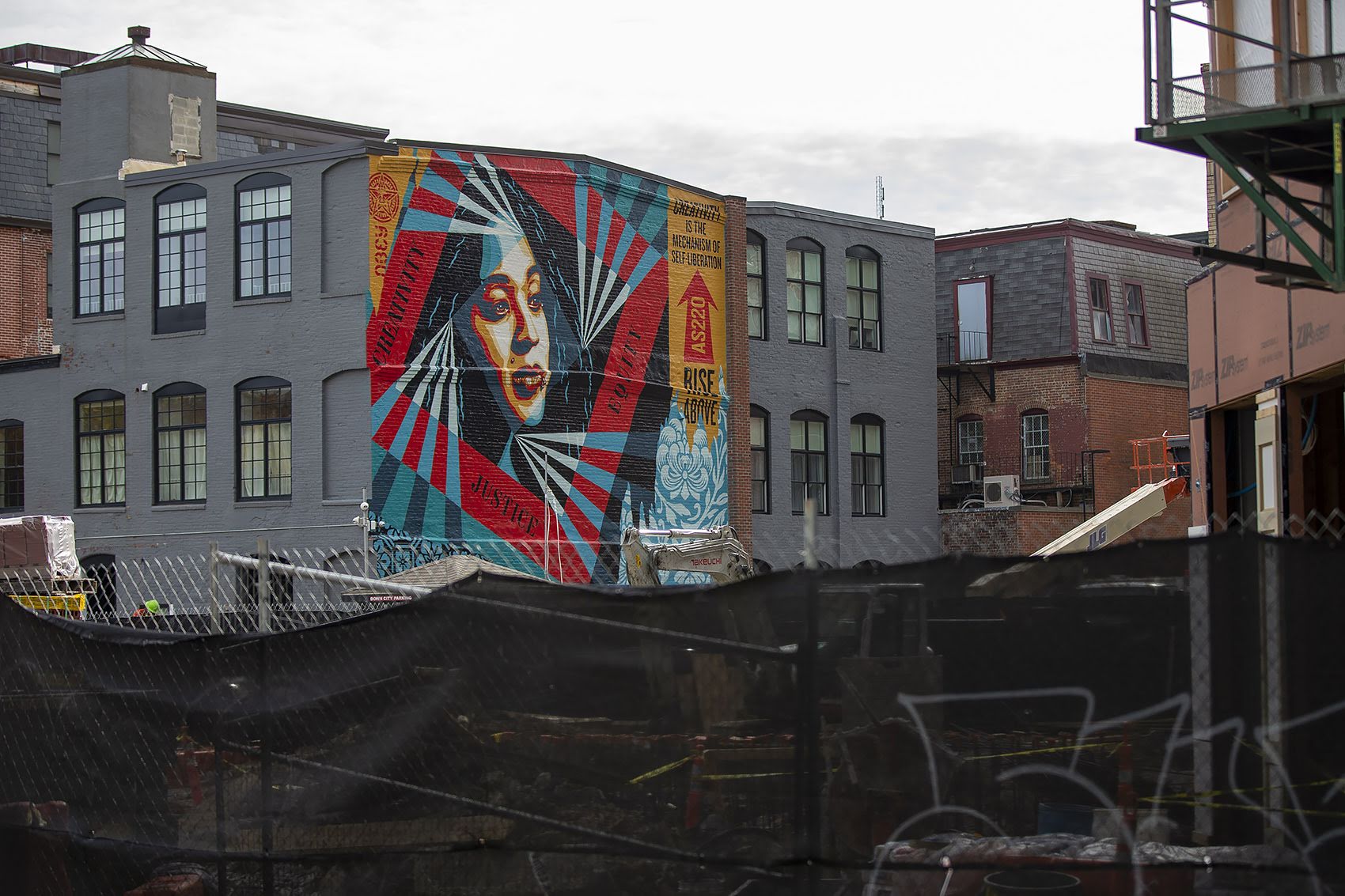 Shepard Fairey’s mural on the Founder’s League building on Clemence Street in Providence. (Jesse Costa/WBUR)