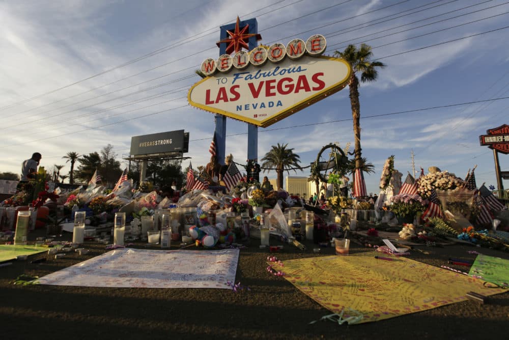 A makeshift memorial for victims of the mass shooting in Las Vegas. (John Locher/AP)