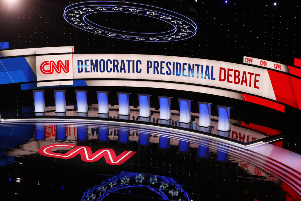 The stage for the second of two Democratic presidential primary debates hosted by CNN is shown, July 31, 2019, in the Fox Theatre in Detroit. (AP Photo/Paul Sancya)