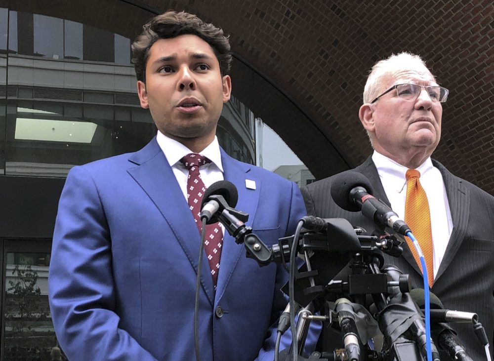 In this Sept. 6, 2019 file photo, Fall River Mayor Jasiel Correia, left, speaks beside his attorney Kevin Reddington outside the federal courthouse in Boston. (Philip Marcelo/AP File Photo)