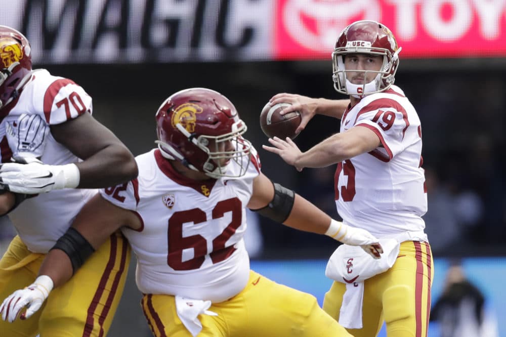 Southern Cal quarterback Matt Fink in action against Washington in an NCAA college football game Saturday, Sept. 28, 2019, in Seattle. (Elaine Thompson/AP)