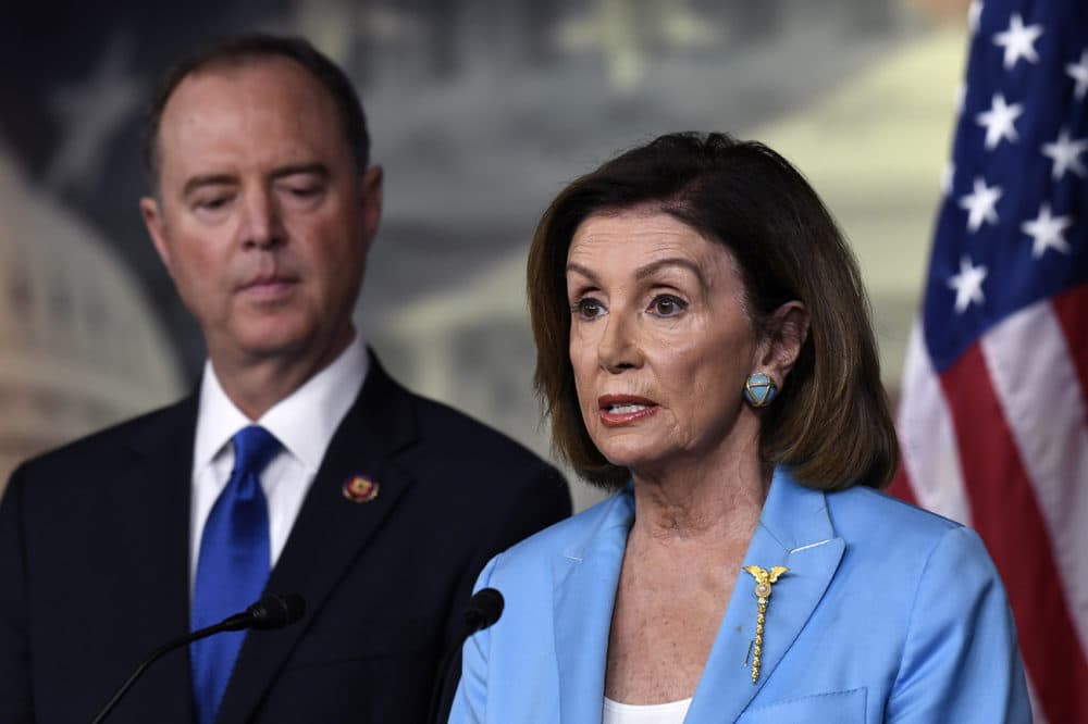 House Speaker Nancy Pelosi of Calif., joined by House Intelligence Committee Chairman Rep. Adam Schiff, D-Calif., speaks during a news conference on Capitol Hill in Washington, Wednesday, Oct. 2, 2019 (Susan Walsh/AP)