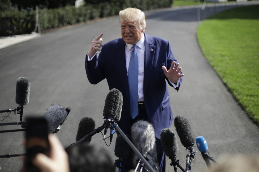 President Donald Trump gestures while speaking to the media on the South Lawn of the White House in Washington, Friday, Oct. 4, 2019, before his departure to nearby Walter Reed National Military Medical Center in Bethesda, Md. (Pablo Martinez Monsivais/AP)