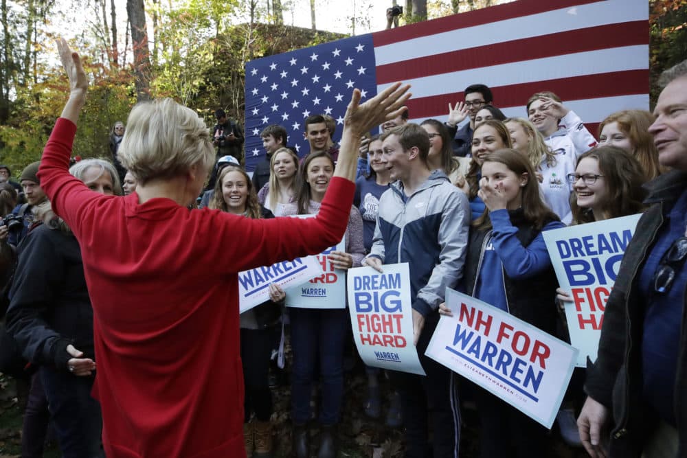 Democratic presidential candidate Sen. Elizabeth Warren, D-Mass., greets area high school students at a campaign event on the campus of Dartmouth College, Thursday, Oct. 24, 2019, in Hanover, N.H. (AP Photo/Elise Amendola)