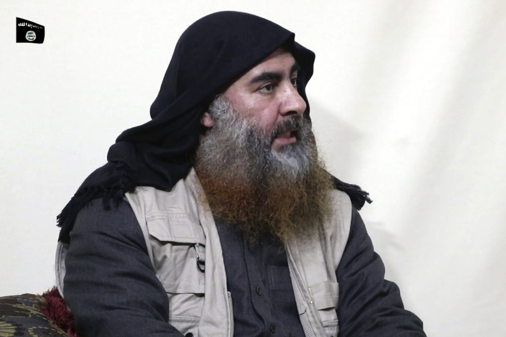 This file image made from video posted on a militant website April 29, 2019, purports to show the leader of the Islamic State group, Abu Bakr al-Baghdadi. (Al-Furqan media via AP, File)
