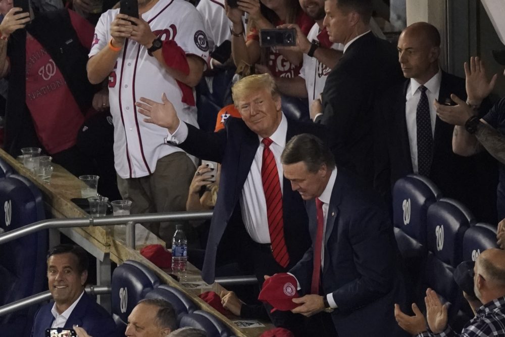 President Trump is introduced during the third inning of Game 5 of the World Series between the Houston Astros and the Washington Nationals Sunday, Oct. 27, 2019, in Washington. (Pablo Martinez Monsivais/AP)