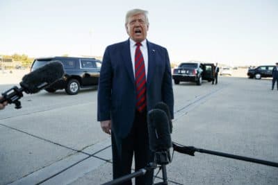 President Trump talks to reporters before boarding Air Force One for a trip to Chicago on Monday, Oct. 28, 2019, in Andrews Air Force Base, Md. (Evan Vucci/AP)