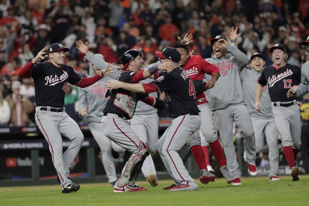 The Washington Nationals celebrate after Game 7 of the World Series against the Houston Astros Wednesday, Oct. 30, 2019, in Houston. The Nationals won 6-2 to win the series. (David J. Phillip/AP)