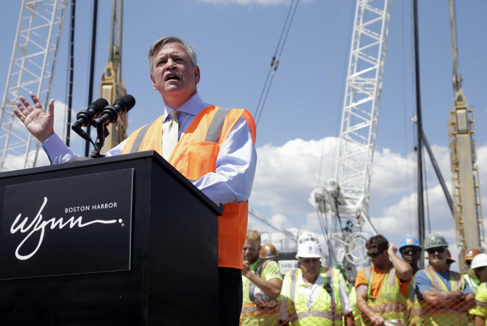 Wynn Boston Harbor President Robert DeSalvio addresses an audience during a news conference at the construction site of the Wynn Boston Harbor resort casino complex, in Aug. 2016. (Steven Senne/AP)