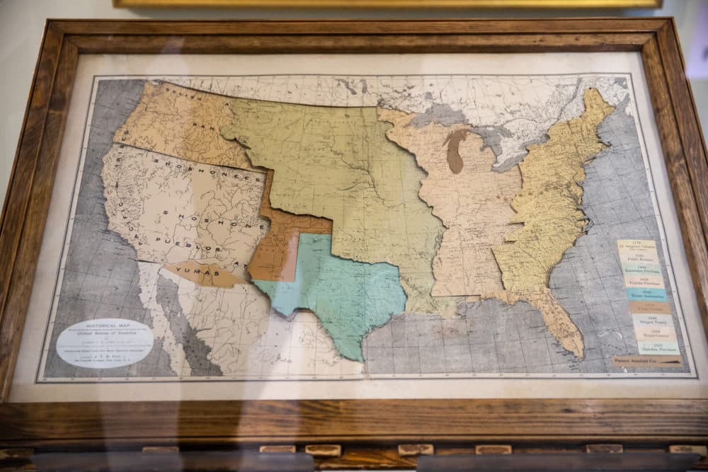 Mapmaker James Ives created this mechanical map to help people, especially students, visualize the changes that happened during the 19th century. The top map labels the tribes that occupied different regions, while the lower layers represents the territorial growth of the United States. (Courtesy Aram Boghosian)