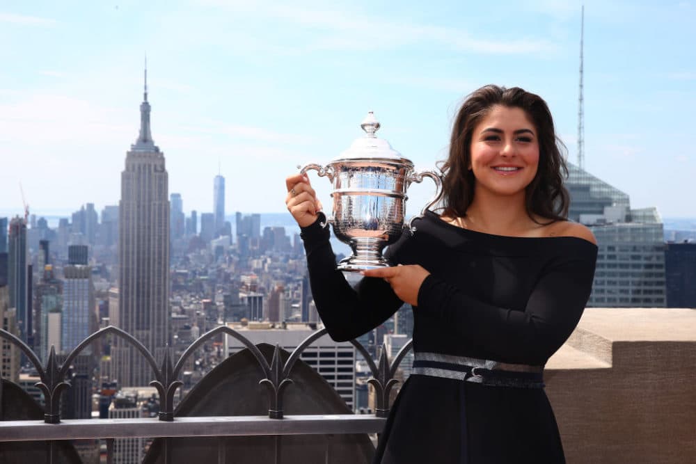 Bianca Andreescu of Canada poses with her trophy at the Top of the Rock in Rockefeller Center on September 8, 2019. (Mike Stobe/Getty Images)