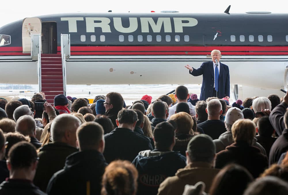 Trump speaks to guests during a rally at the airport on January 30, 2016, in Dubuque, Iowa. (Scott Olson/Getty Images)