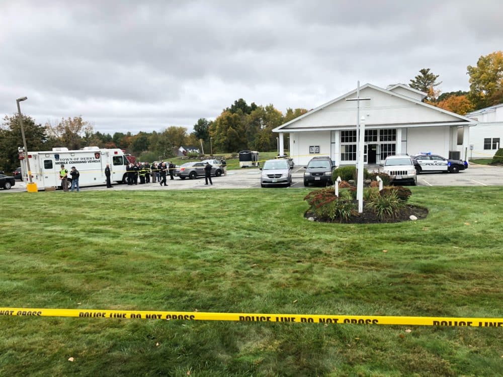 The scene of the reported shooting in Pelham, outside the New England Pentecostal Ministries. (Michael Brindley/NHPR)
