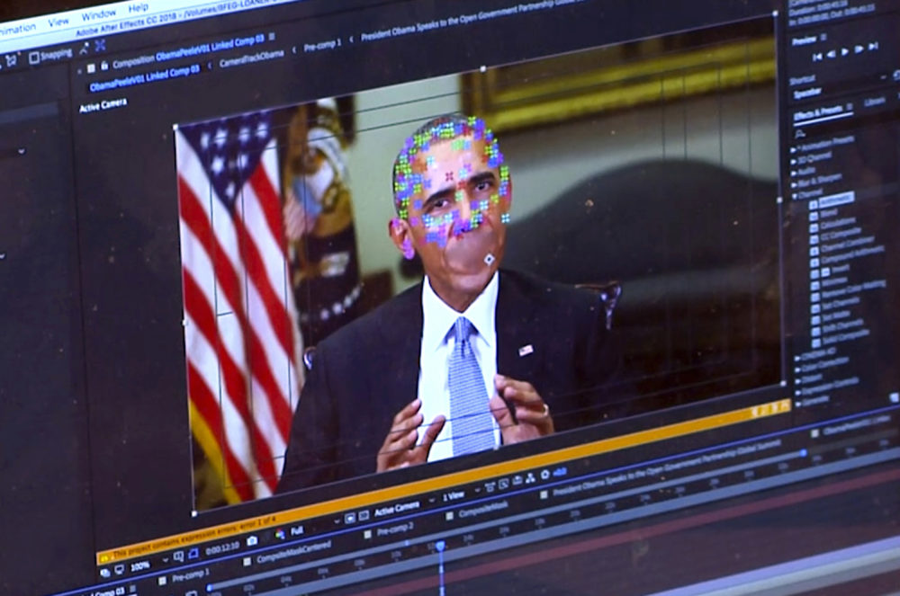 This image made from video of a fake video featuring former President Barack Obama shows elements of facial mapping used in new technology that lets anyone make videos of real people appearing to say things they've never said. There is rising concern that U.S. adversaries will use new technology to make authentic-looking videos to influence political campaigns or jeopardize national security. (AP Photo)
