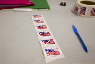 &quot;I voted&quot; stickers at a polling place in Salem, New Hampshire (Joe Difazio for WBUR)