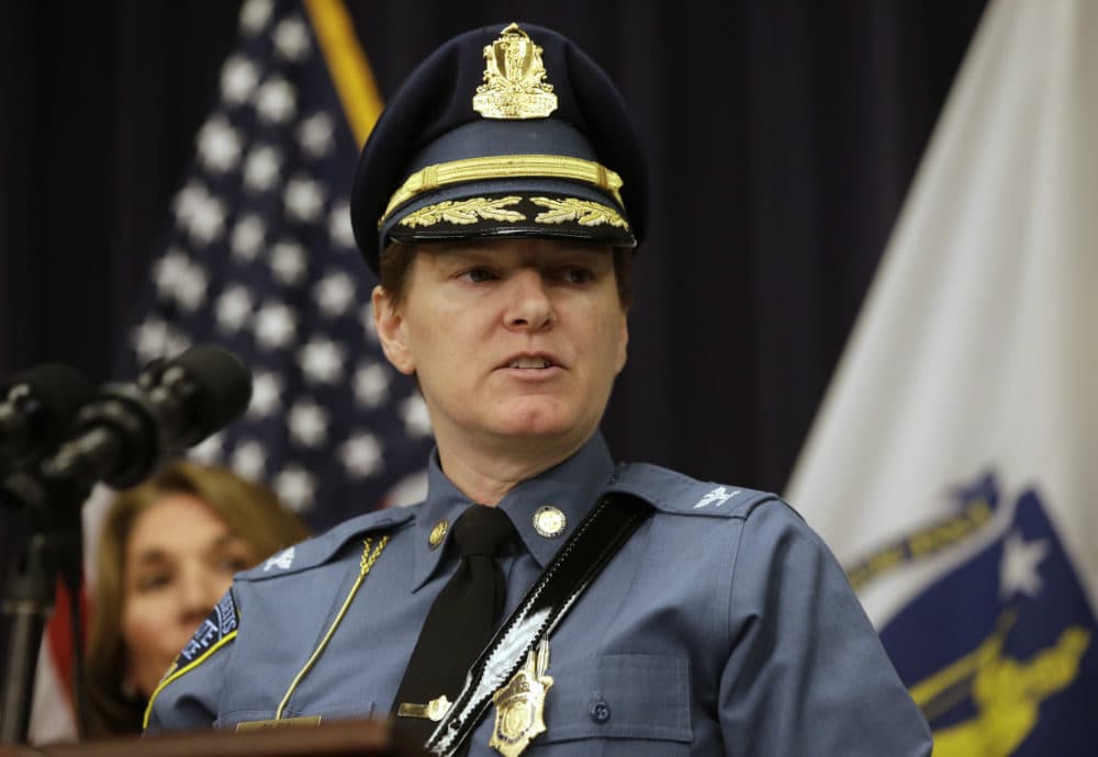 Massachusetts State Police Col. Kerry Gilpin faces reporters during a news conference on April 2, 2018, at the State House in Boston. (Steven Senne/AP)