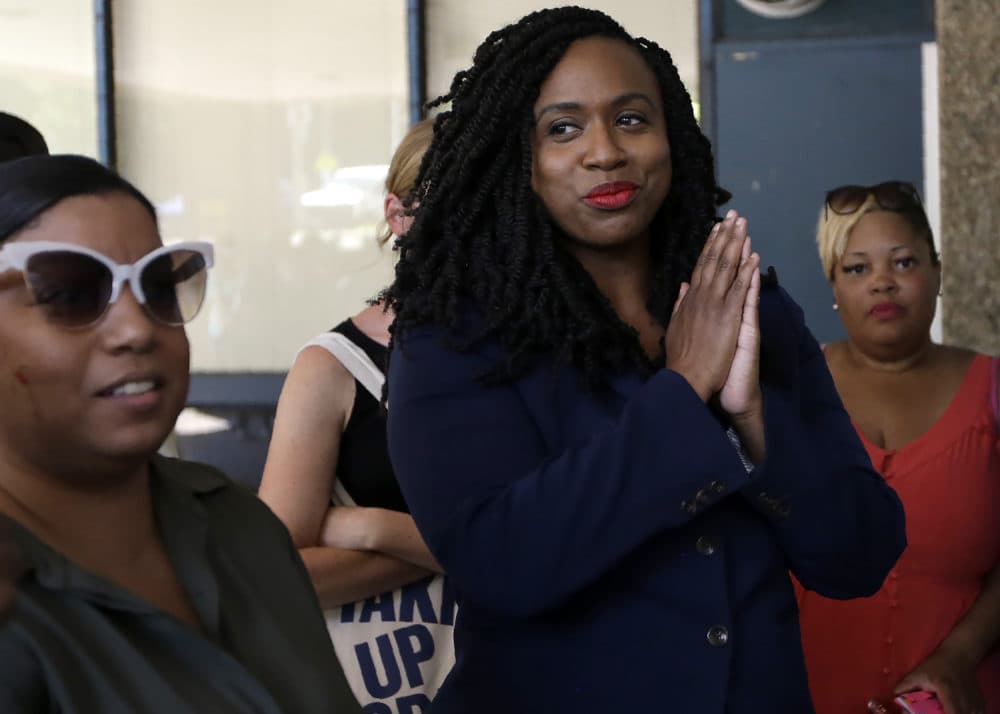 U.S. Rep. Ayanna Pressley, D-Mass., stands during ceremonies before the start of the Roxbury Unity Parade on July 21, 2019, in Boston's Roxbury neighborhood. (Steven Senne/AP)