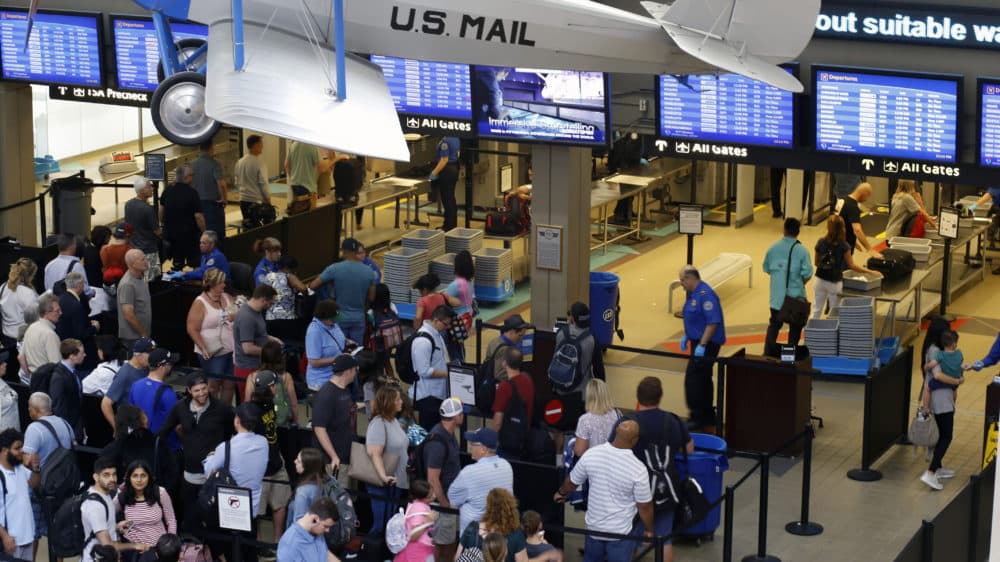 This June 9, 2019, file photo shows the TSA security checkpoint in Pittsburgh International's Landside terminal in Imperial, Pa. (AP Photo/Gene J. Puskar, File)