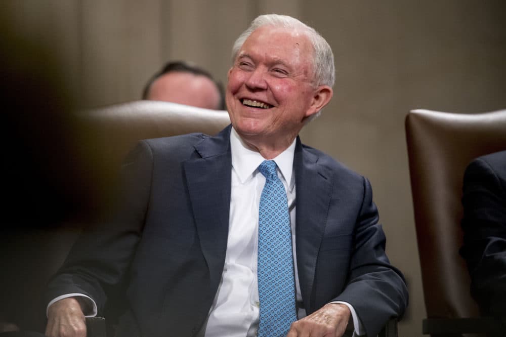 Former Attorney General Jeff Sessions smiles during a farewell ceremony for Deputy Attorney General Rod Rosenstein in the Great Hall at the Department of Justice in Washington, Thursday, May 9, 2019. (Andrew Harnik/AP)