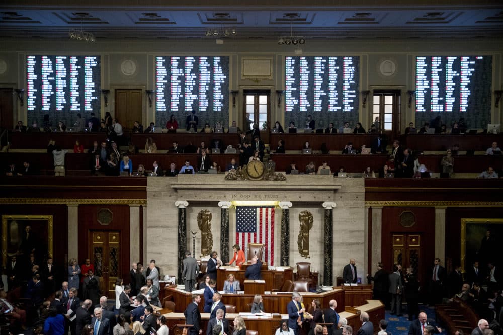 Vote Tallies are displayed as House members vote on a resolution on impeachment procedure to move forward into the next phase of the impeachment inquiry into President Trump, in the House Chamber on Capitol Hill in Washington, Thursday, Oct. 31, 2019. (Andrew Harnik/AP)