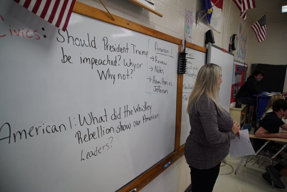 Civics teacher Aedrin Albright stands before her class at Chatham Central High School in Bear Creek, N.C., on Tuesday, Nov. 5, 2019. The class is debating whether President Trump should be impeached. The House impeachment inquiry into Trump’s dealings with Ukraine has become a teachable moment in classrooms around the country as educators incorporate the events in Washington into their lesson plans.(Allen G. Breed/AP)