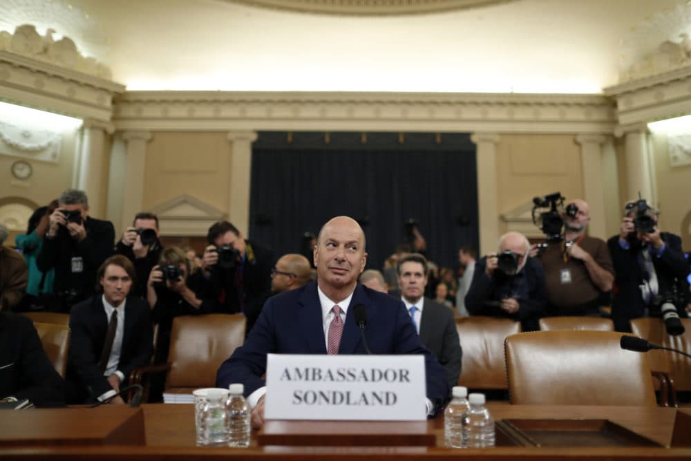 U.S. Ambassador to the European Union Gordon Sondland arrives to testify before the House Intelligence Committee on Capitol Hill in Washington, Nov. 20, 2019, during a public impeachment hearing of President Donald Trump's efforts to tie U.S. aid for Ukraine to investigations of his political opponents. (Andrew Harnik/AP)