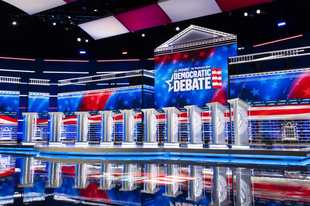 The stage for the Democratic presidential primary debate is shown before Wednesday's debate in Atlanta. (John Amis/AP)