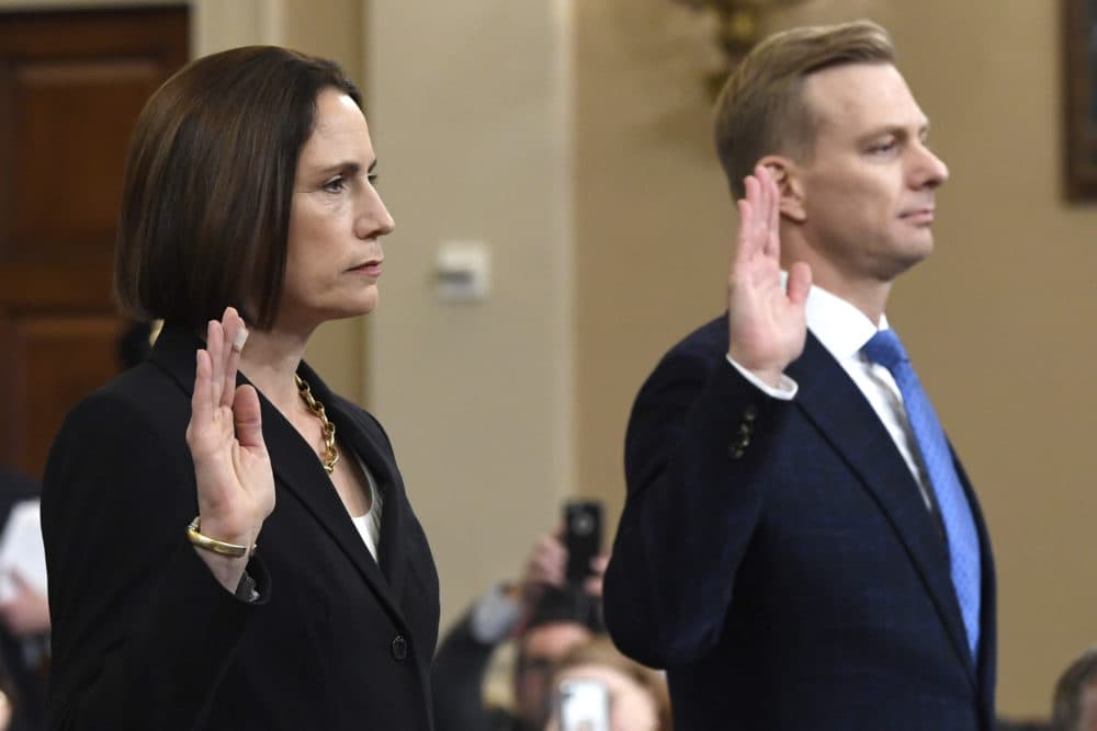 Former White House national security aide Fiona Hill, and David Holmes, a U.S. diplomat in Ukraine, are sworn in to testify before the House Intelligence Committee on Capitol Hill in Washington, Thursday, Nov. 21, 2019, during a public impeachment hearing of President Donald Trump's efforts to tie U.S. aid for Ukraine to investigations of his political opponents.(Susan Walsh/AP)