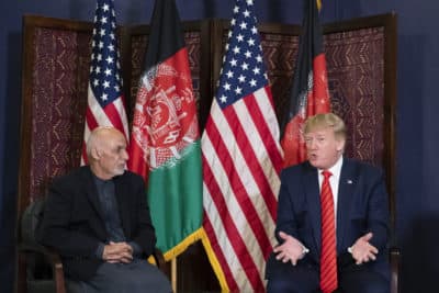 President Donald Trump speaks during a meeting with Afghan President Ashraf Ghani during a surprise Thanksgiving Day visit, Thursday, Nov. 28, 2019, at Bagram Air Field, Afghanistan. (Alex Brandon/AP)