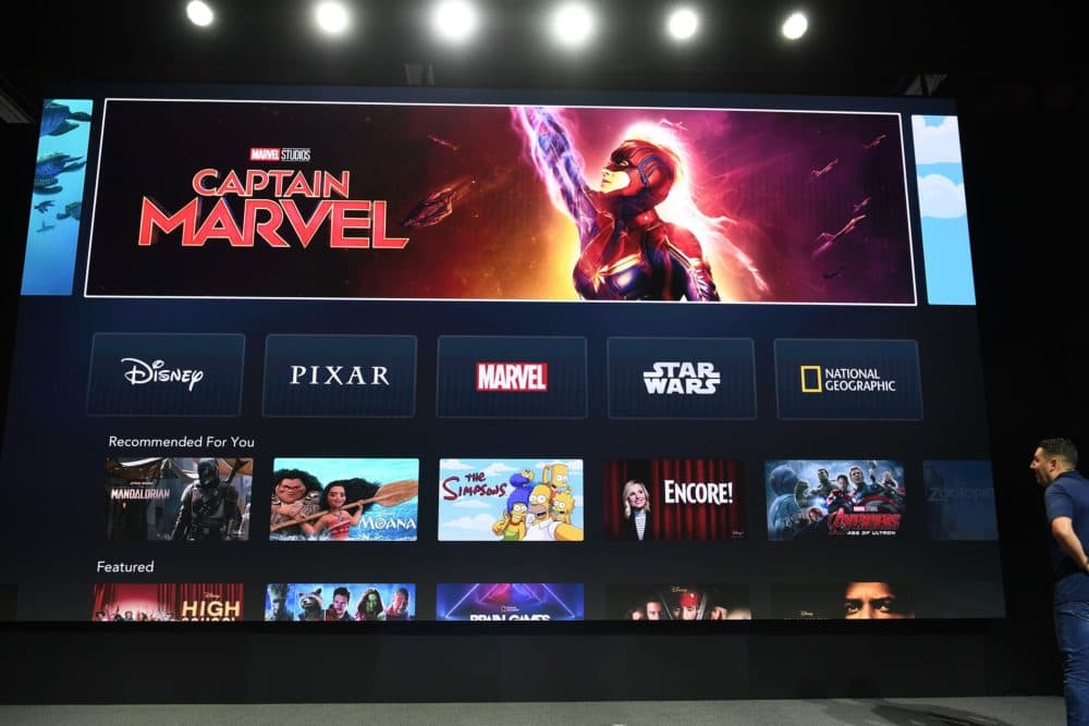 The interface of Disney+ streaming service is displayed on Apple Inc.'s AppleTV at the D23 Expo, billed as the &quot;largest Disney fan event in the world,&quot; on Aug. 23, 2019 at the Anaheim Convention Center in Anaheim, Calif. (Robyn Beck/AFP via Getty Images)