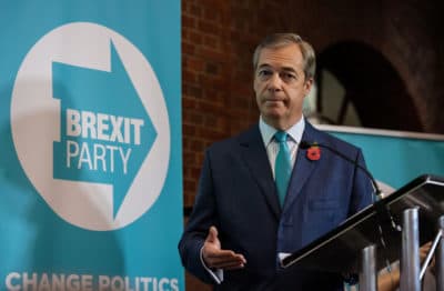 Leader of the Brexit Party, Nigel Farage, speaks at the launch of the Brexit Party general election campaign at The Emmanuel Centre on Friday in London, England. (Chris J Ratcliffe/Getty Images)