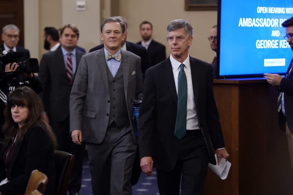George Kent, the deputy assistant secretary of state for European and Eurasian Affairs, and Ukrainian Ambassador Bill Taylor (front), the top diplomat in the U.S. embassy in Ukraine, arrive in the impeachment inquiry into President Trump Washington on Nov. 13, 2019. (Olivier Douliery/AFP via Getty Images)