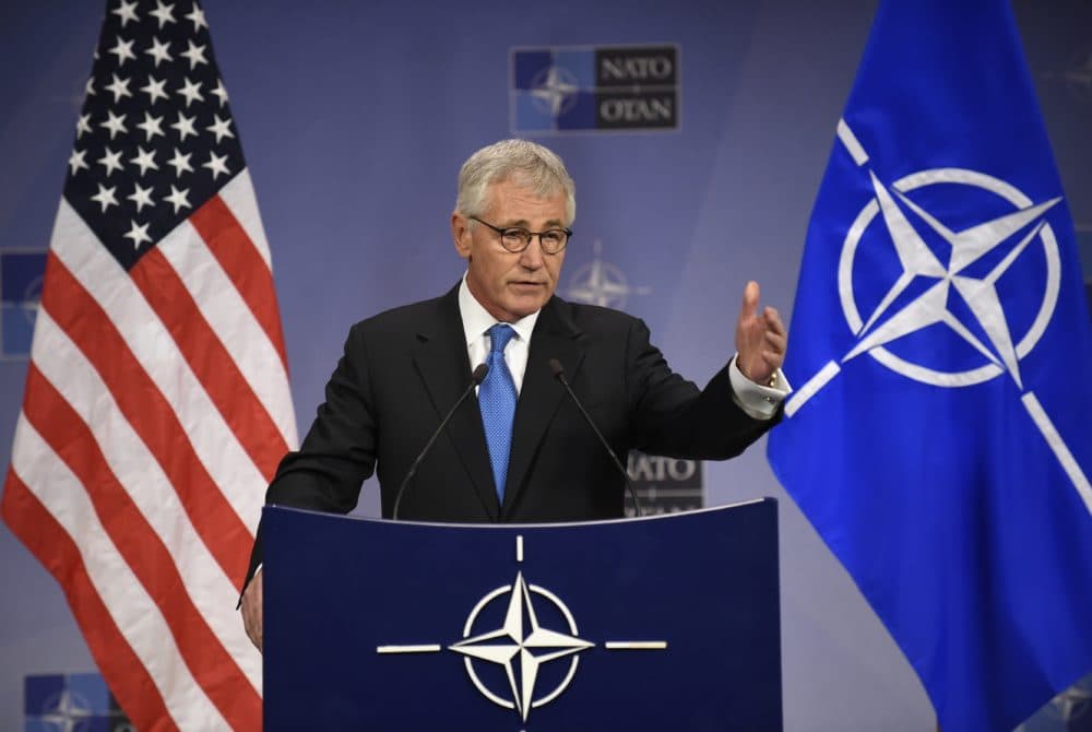 Chuck Hagel gives a press conference during a defence ministers meeting at the NATO headquarters in Brussels on February 5, 2015. (John Thys/AFP/Getty Images)