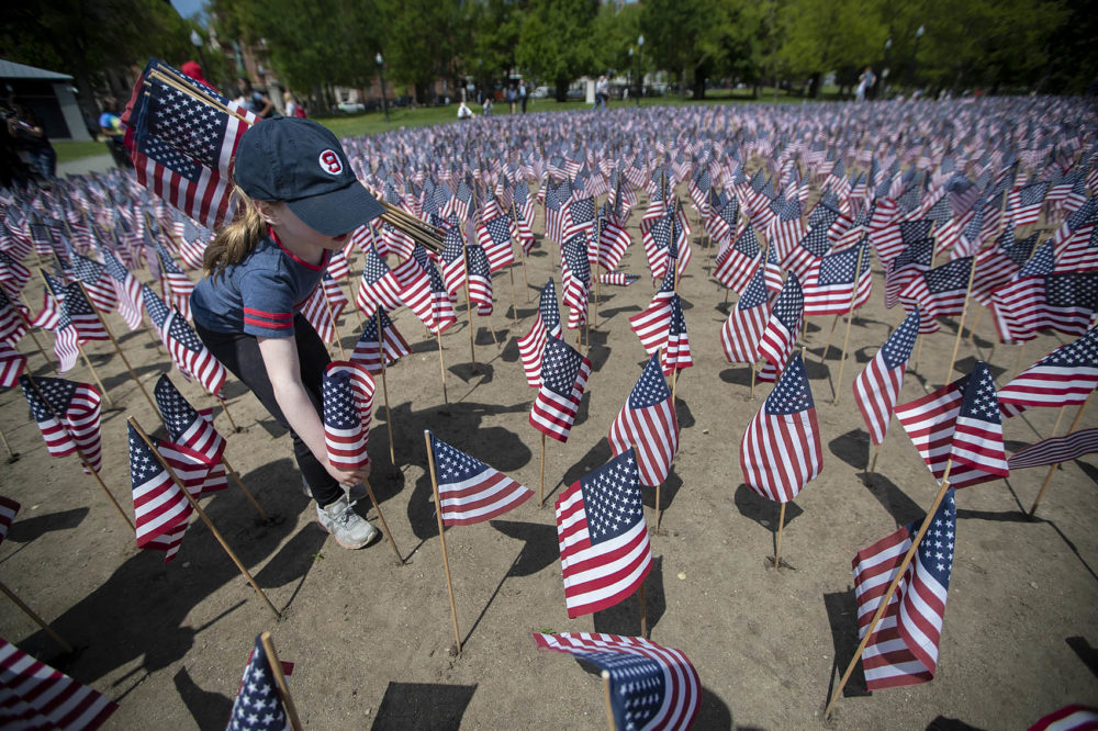 Six-year-old Raegan Wilcox plants an American flag into the ground during the annual Massachusetts Military Heroes Flag Planting at the Boston Common. (Jesse Costa/WBUR)