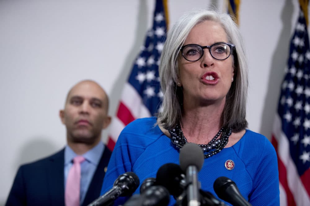 Democratic Caucus Vice Chair Katherine Clark, D-Mass., accompanied by Democratic Caucus Chairman Rep. Hakeem Jeffries of N.Y., left, speaks at a news conference following a House Democratic Caucus meeting on Capitol Hill in Washington on Jan. 23, 2019. (Andrew Harnik/AP)