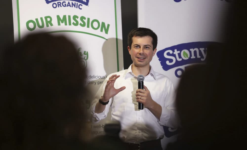 Democratic presidential candidate South Bend Mayor Pete Buttigieg answers questions from employees during a campaign stop at a dairy company in Londonderry, N.H. on April 19. (Charles Krupa/AP)