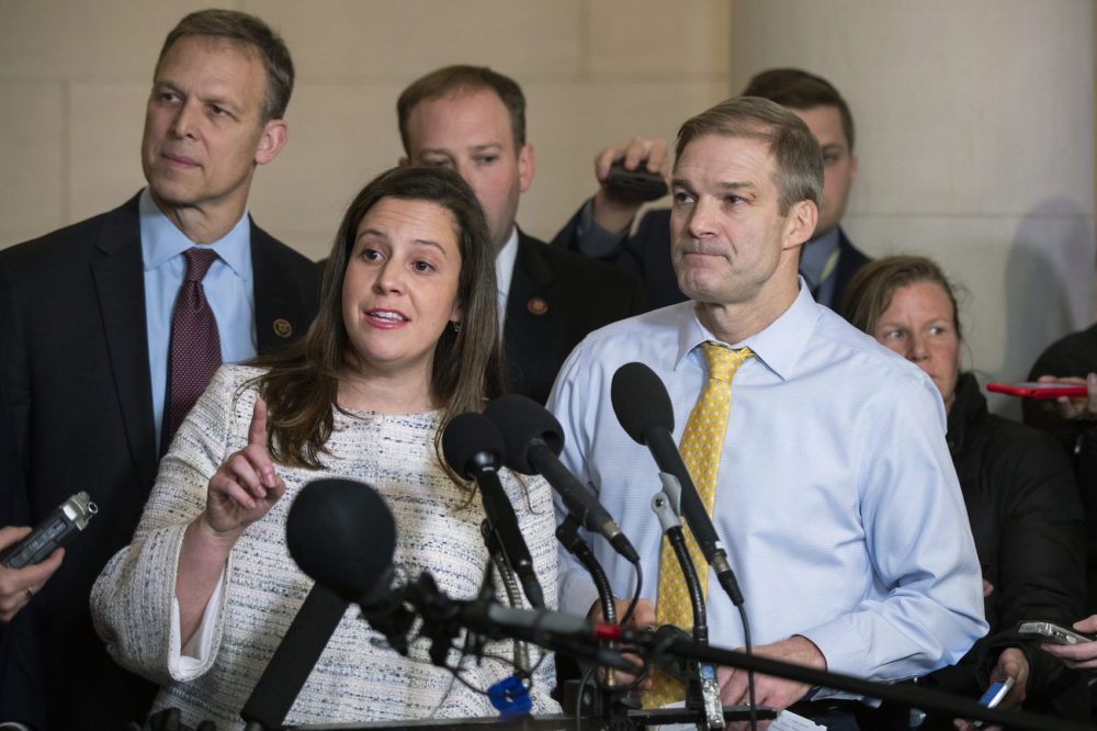 Rep. Elise Stefanik, R-N.Y., front left, Rep. Jim Jordan, R-Ohio, right, and other Republican members of the House Intelligence Committee, speak to members of the media as they conclude the testimony of U.S. Ambassador to the European Union Gordon Sondland, during a public impeachment hearing of President Donald Trump's efforts to tie U.S. aid for Ukraine to investigations of his political opponents on Capitol Hill in Washington, Wednesday, Nov. 20, 2019. (Manuel Balce Ceneta/AP)