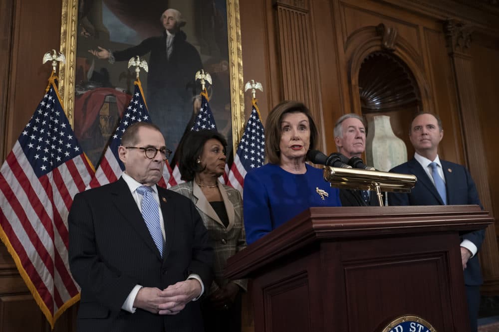 Speaker of the House Nancy Pelosi, D-Calif., joined from left by House Judiciary Committee Chairman Jerrold Nadler, D-N.Y., House Financial Services Committee Chairwoman Maxine Waters, D-Calif., House Ways and Means Committee Chairman Richard Neal, D-Mass., and House Intelligence Committee Chairman Adam Schiff, D-Calif., unveils articles of impeachment against President Donald Trump, abuse of power and obstruction of Congress. (J. Scott Applewhite/AP)
