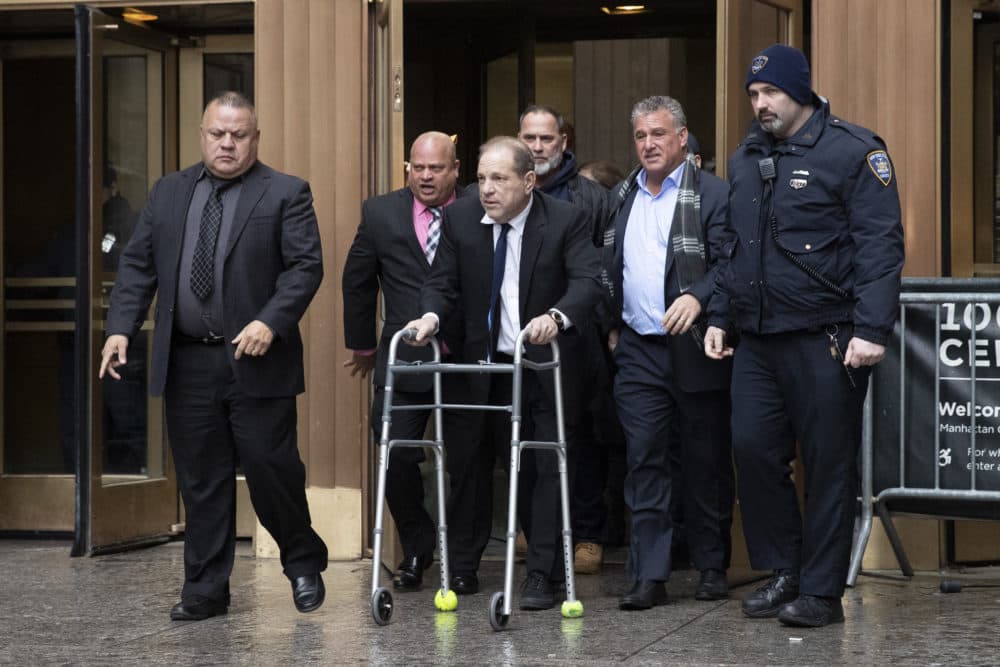 In this Wednesday, Dec. 11, 2019 photo, Harvey Weinstein, with the aid of a walker, leaves court following a hearing in New York.  (Mark Lennihan/AP)