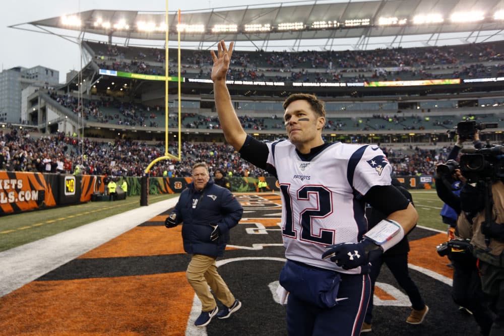 New England Patriots quarterback Tom Brady (12) waves to the crowd after an NFL football game against the Cincinnati Bengals, Sunday, Dec. 15, 2019, in Cincinnati. (AP Photo/Frank Victores)