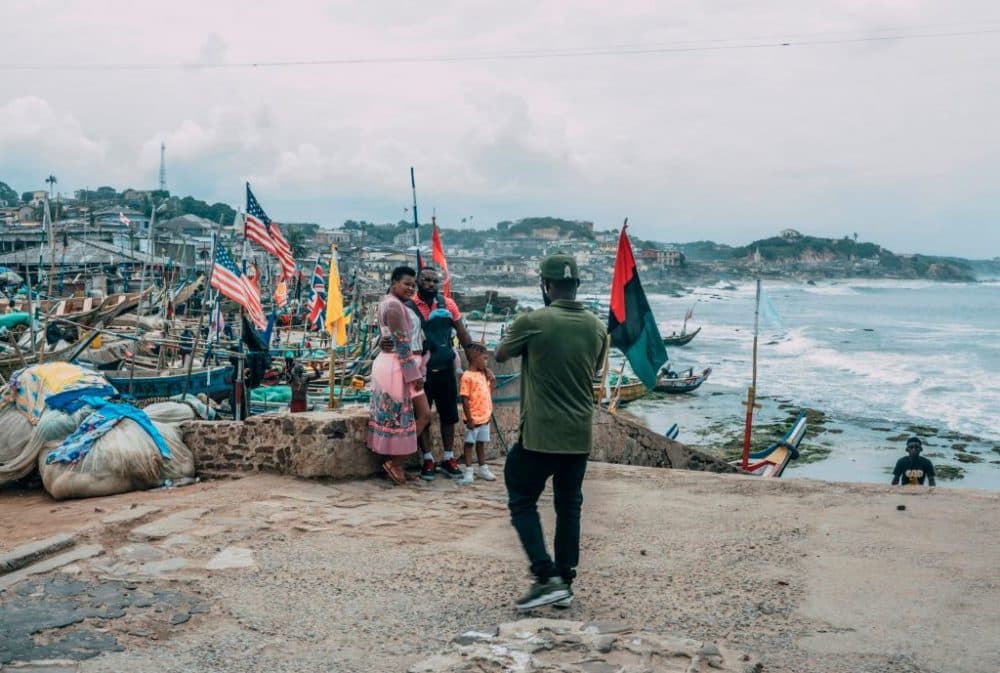 Tourists pose for pictures at the Cape Coast Castle on August 18, 2019. Visitors are flocking to Ghana as it marks the &quot;Year of Return&quot; to remember the 400th anniversary of the first slave ship landing in Virginia. (Natalija Gormalova/AFP/Getty Images)
