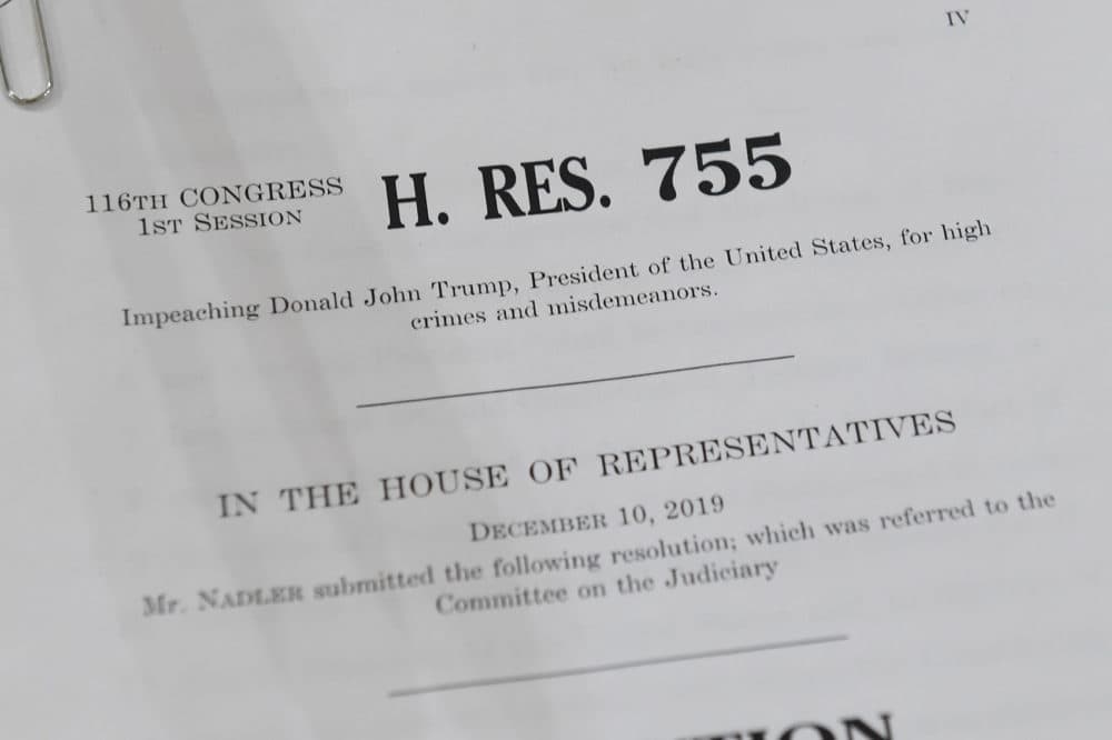 House Resolution 755, Articles of Impeachment Against President Donald Trump, sit on a desk at the House Judiciary Committee on Capitol Hill in Washington, on Dec. 12, 2019. (Saul Loeb/AFP via Getty Images)
