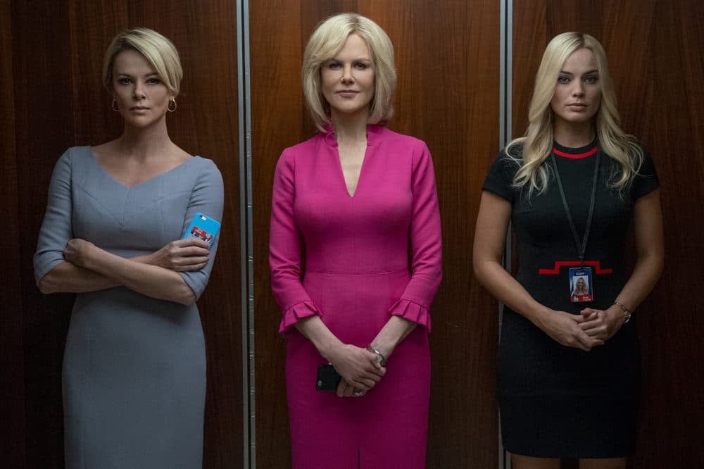 Charlize Theron (left) as Megyn Kelly, Nicole Kidman (center) as Gretchen Carlson and Margot Robbie as fictional Fox News producer Kayla Pospisil in &quot;Bombshell.&quot; (Hilary Bronwyn Gayle SMPSP)