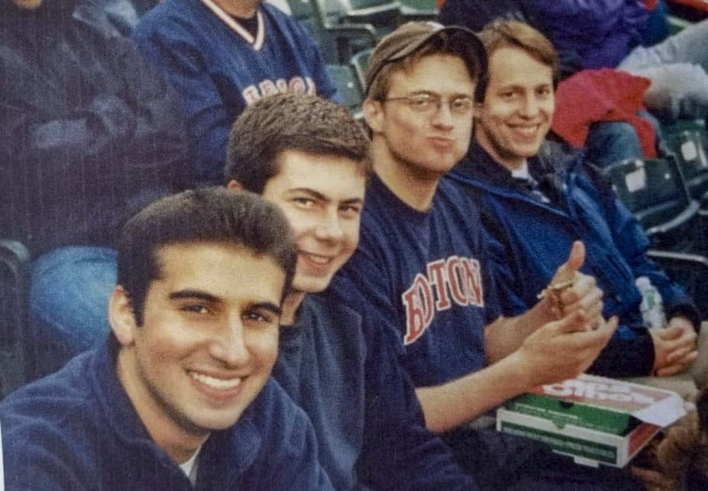 Pete Buttigieg (second from left) at Fenway Park with Harvard friends Ilan Graff (left), Nat Myers (second from right), and Clarke Tucker (right). (Photo courtesy Nate Coulter)