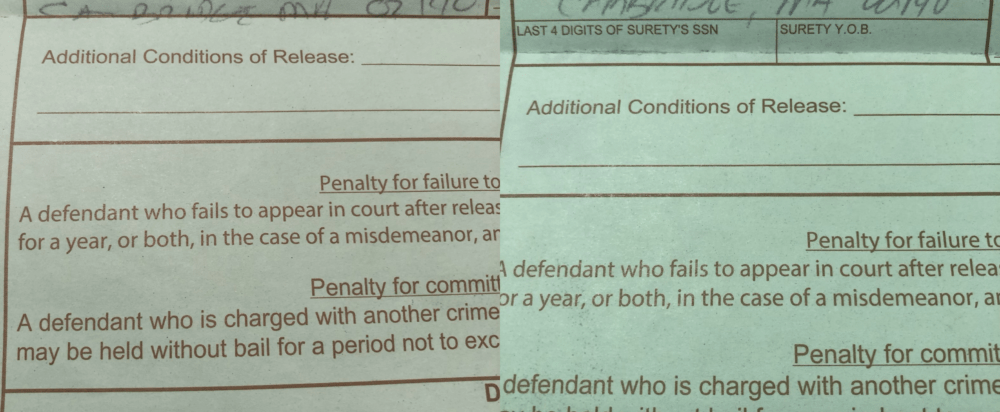 The Massachusetts Trial Court has changed bail forms to include fields for the last four-digits of the surety's social security number and their year of birth. The form on the left is from December 2019, and the one on the right is from January 2020. (photos courtesy the Massachusetts Bail Fund)