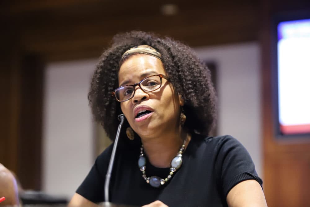 Boston City Council President Kim Janey said terms like &quot;manageable,&quot; &quot;fix your hair,&quot; and &quot;tame your hair&quot; are problematic when discussing natural hairstyles. (Chris Van Buskirk/SHNS)