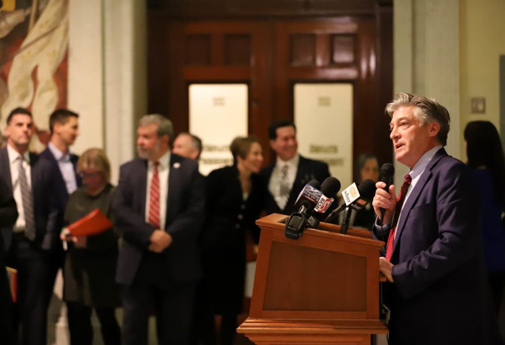 Jeff Clements, a member of the commission studying advancement of a constitutional amendment to nullify the Supreme Court's Citizens United decision, spoke at a Wednesday news conference about the panel's first report. (Sam Doran/SHNS)