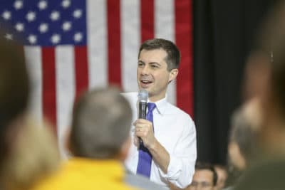 Pete Buttigieg speaks during a campaign event in Ames, Iowa, on Wednesday, Jan. 29, 2020. He talks to Here & Now about crisscrossing the state before the Iowa caucuses. (Rebecca F. Miller for Here & Now)