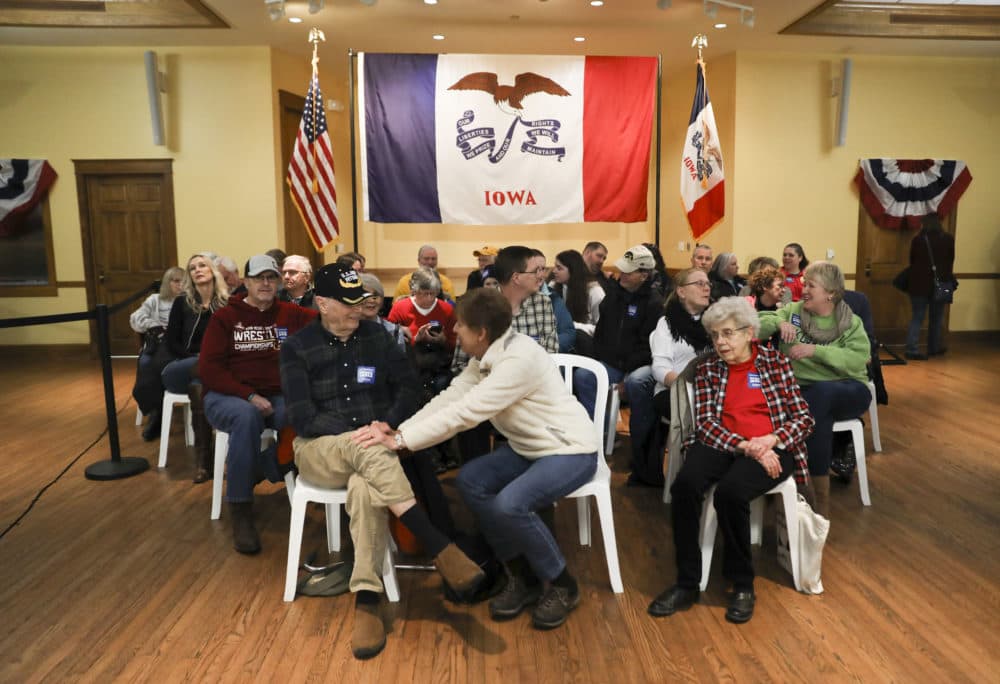 Audience members wait for speakers to begin at a campaign event for Pete Buttigieg at The Music Man Square in Mason City, Iowa, on Wednesday, Jan. 29, 2020. (Rebecca F. Miller for Here & Now)