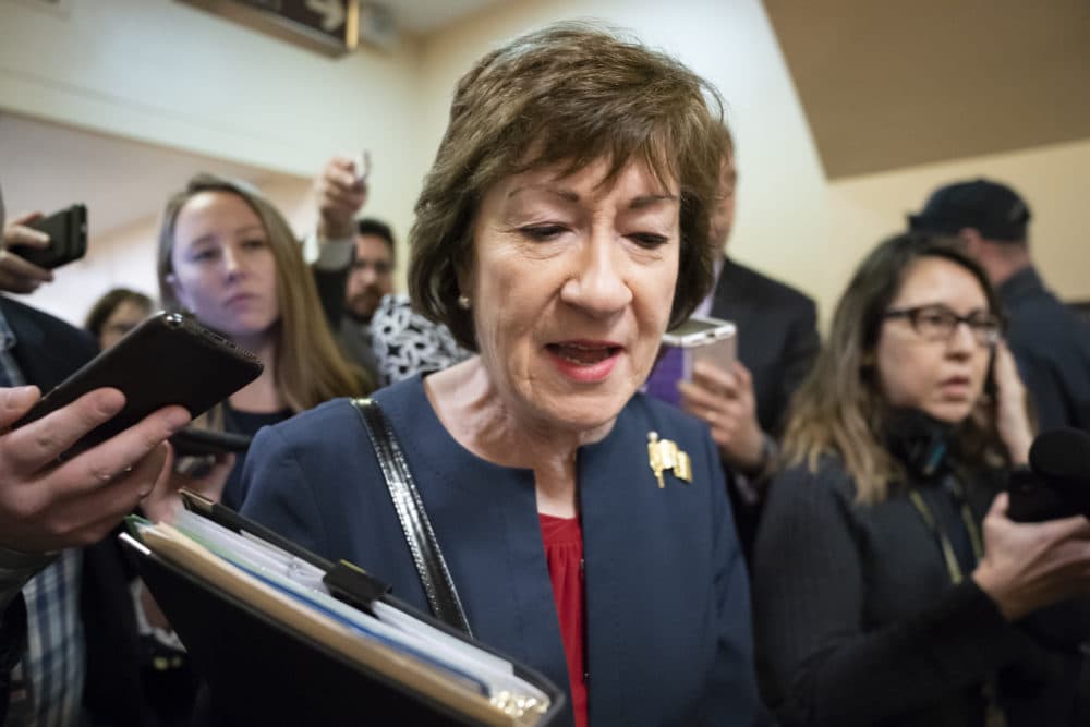 Sen. Susan Collins, R-Maine, is surrounded by reporters as she heads to a vote at the Capitol in Washington, Wednesday, Nov. 6, 2019. (J. Scott Applewhite/AP)